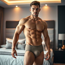 A fit, athletic man wearing snug boxer briefs that accentuate a noticeable bulge