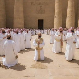 Moved by the display of divine power, all of the Pharaoh's magicians drop to their knees in recognition and submission, embracing Islam in unison before Prophet Moses in the heart of the courtyard.