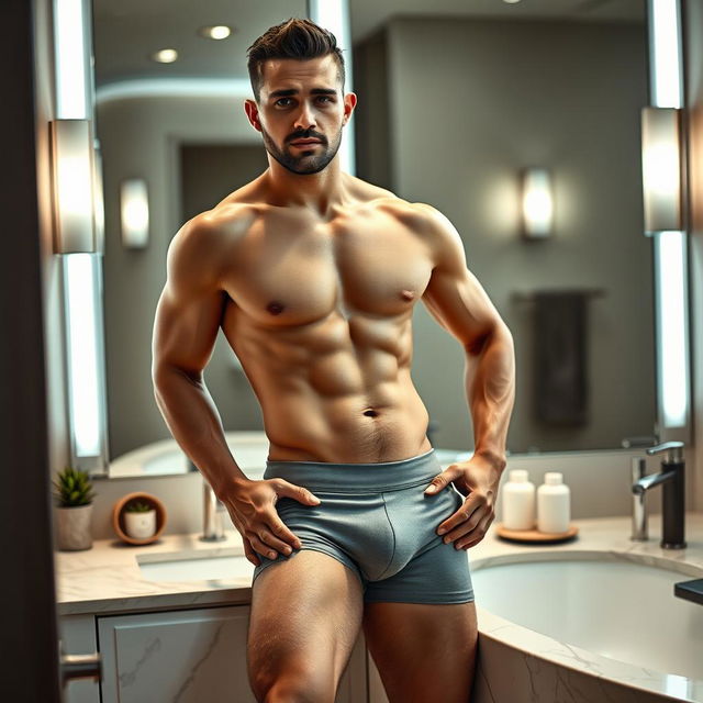 A fit, confident man showcasing a noticeable bulge in his snug-fitting underwear