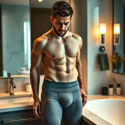 A fit, confident man showcasing a noticeable bulge in his snug-fitting underwear