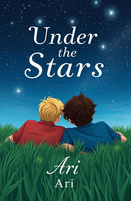 A book cover design featuring two 16-year-old boys lying on the grass in a meadow, turned away from the viewer displaying only their backs