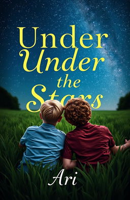 A book cover design featuring two 16-year-old boys lying on the grass in a meadow, turned away from the viewer displaying only their backs
