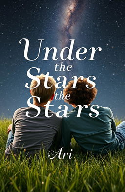 A book cover design featuring two 16-year-old boys lying on the grass in a meadow, turned away from the viewer displaying only their backs