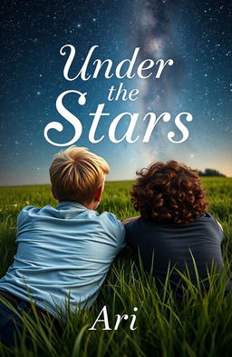 A book cover design featuring two 16-year-old boys lying on the grass in a meadow, turned away from the viewer displaying only their backs