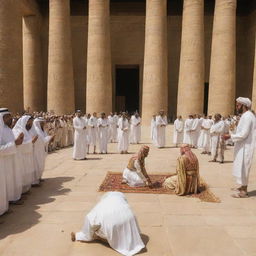 Moved by the display of divine power, all of the Pharaoh's magicians drop to their knees in recognition and submission, embracing Islam in unison before Prophet Moses in the heart of the courtyard.