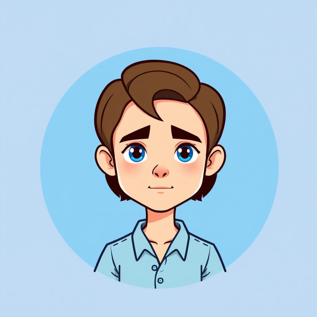 A cartoon logo design featuring a mini figure of a young man with light skin and shoulder-length brown hair