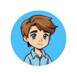 A cartoon logo design featuring a mini figure of a young man with light skin and shoulder-length brown hair
