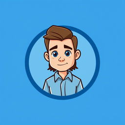 A cartoon logo design featuring a mini figure of a young man with light skin and shoulder-length brown hair