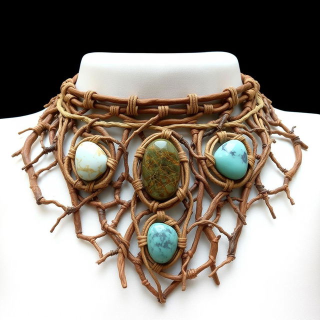 A beautifully crafted macramé chest piece made out of intertwined vines and branches, featuring three stunning stones embedded within the design