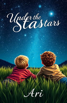 A captivating book cover featuring two boys lying on the grass of a meadow, their backs turned towards the viewer