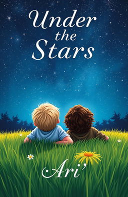A captivating book cover featuring two boys lying on the grass of a meadow, their backs turned towards the viewer