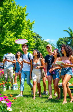 A vibrant and energetic scene depicting the essence of youth, featuring a group of diverse young adults enjoying a sunny day in a park