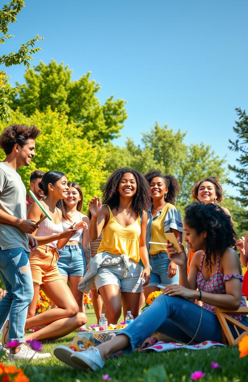 A vibrant and energetic scene depicting the essence of youth, featuring a group of diverse young adults enjoying a sunny day in a park