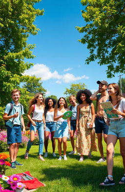 A vibrant and energetic scene depicting the essence of youth, featuring a group of diverse young adults enjoying a sunny day in a park