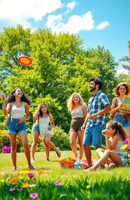 A vibrant and energetic scene depicting the essence of youth, featuring a group of diverse young adults enjoying a sunny day in a park