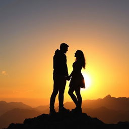 A beautiful silhouette of a couple standing together on a majestic mountain top, the sun setting behind them casting a warm golden glow on the sky