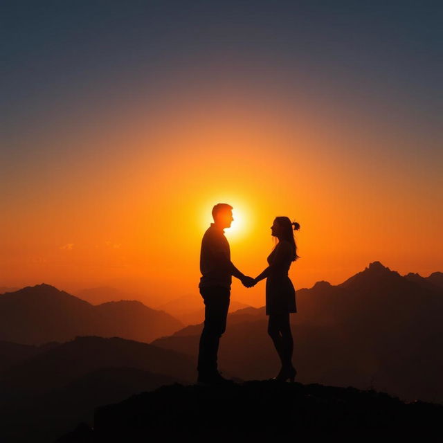 A beautiful silhouette of a couple standing together on a majestic mountain top, the sun setting behind them casting a warm golden glow on the sky