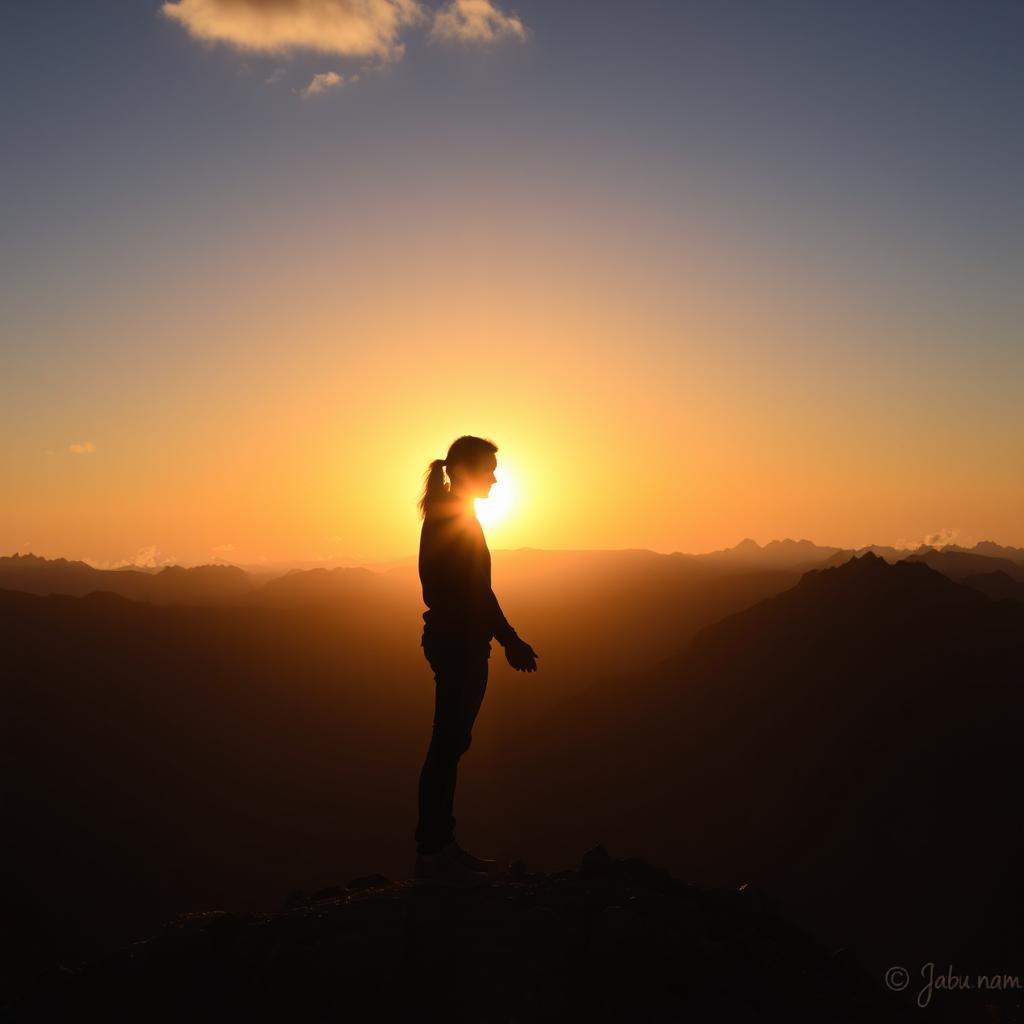 A beautiful silhouette of a couple standing together on a majestic mountain top, the sun setting behind them casting a warm golden glow on the sky