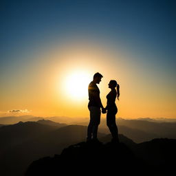 A beautiful silhouette of a couple standing together on a majestic mountain top, the sun setting behind them casting a warm golden glow on the sky