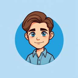 A cartoon logo design featuring a mini figure of a young man in his early 20s, with light skin and shoulder-length brown hair