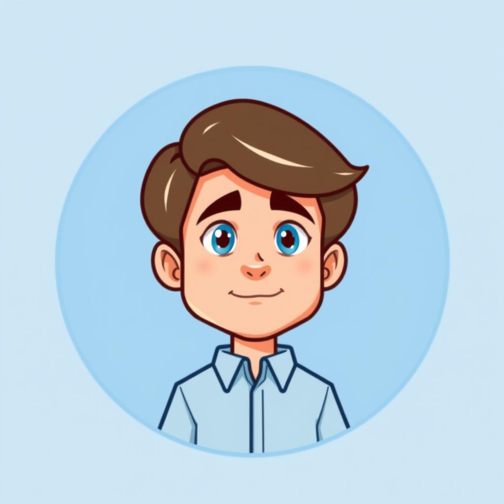 A cartoon logo design featuring a mini figure of a young man in his early 20s, with light skin and shoulder-length brown hair