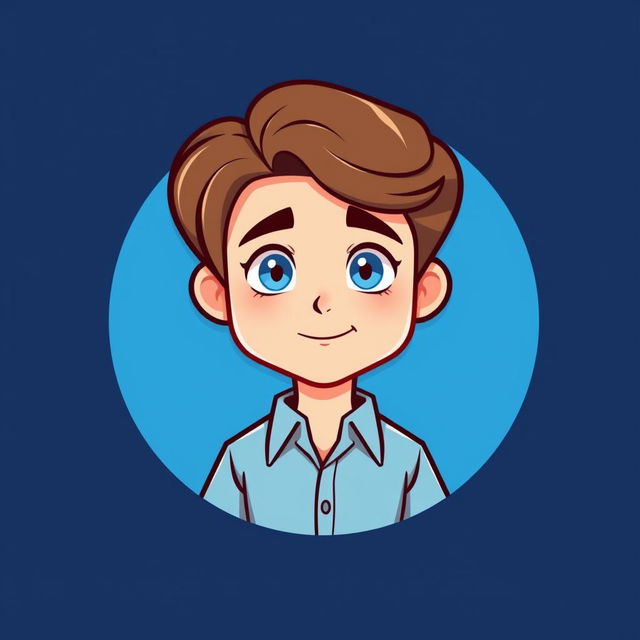 A cartoon logo design featuring a mini figure of a young man in his early 20s, with light skin and shoulder-length brown hair