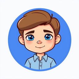 A cartoon logo design featuring a mini figure of a young man in his early 20s, with light skin and shoulder-length brown hair