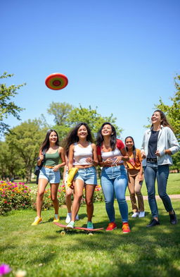 A vibrant and lively scene showcasing the essence of youth, featuring a diverse group of young adults engaged in fun activities outdoors such as skateboarding and playing frisbee in a sunny park