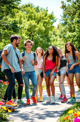 A vibrant and lively scene showcasing the essence of youth, featuring a diverse group of young adults engaged in fun activities outdoors such as skateboarding and playing frisbee in a sunny park