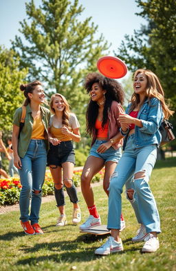 A vibrant and lively scene showcasing the essence of youth, featuring a diverse group of young adults engaged in fun activities outdoors such as skateboarding and playing frisbee in a sunny park