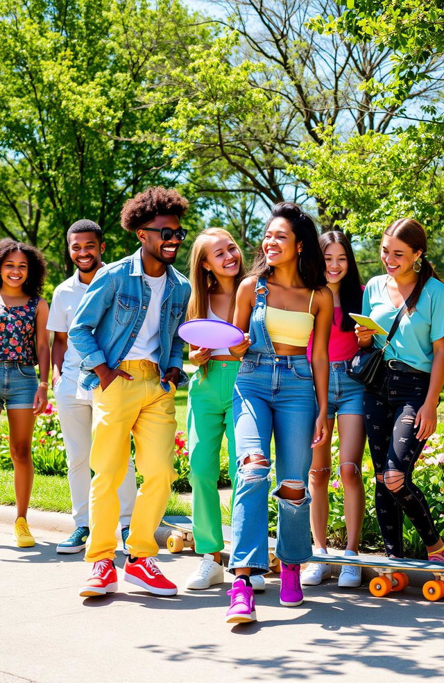 A vibrant and lively scene showcasing the essence of youth, featuring a diverse group of young adults engaged in fun activities outdoors such as skateboarding and playing frisbee in a sunny park