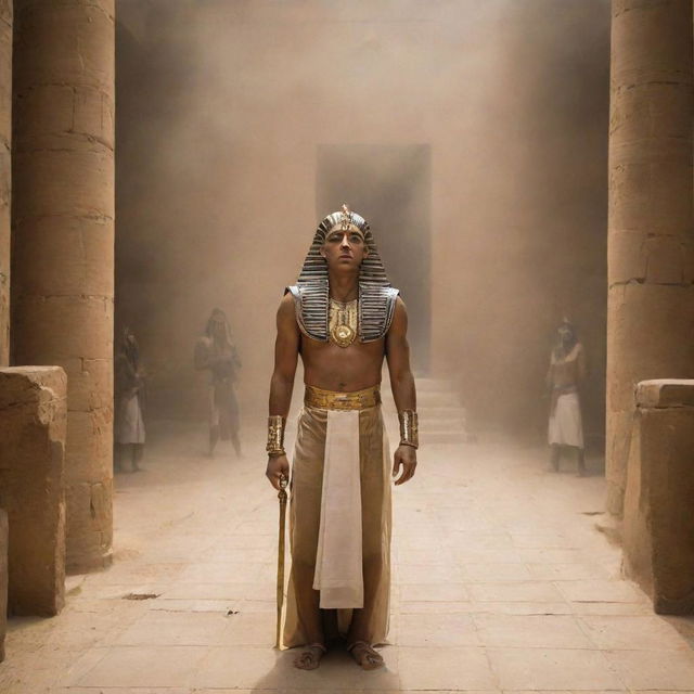 Seeing the spectacle unfold, Pharaoh's anger erupts uncontrollably. He orders the punishment for his magicians who have failed him, his wrath filling the courtyard with an ominous air of dread.