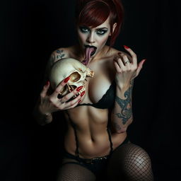 A dark goth skinny petite woman in a nudist pose licking a skull, wearing a garter belt and fishnet stockings