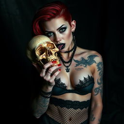 A dark goth skinny petite woman in a nudist pose licking a skull, wearing a garter belt and fishnet stockings