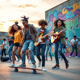 A vibrant and energetic scene depicting youth culture, featuring a diverse group of young adults in an urban environment