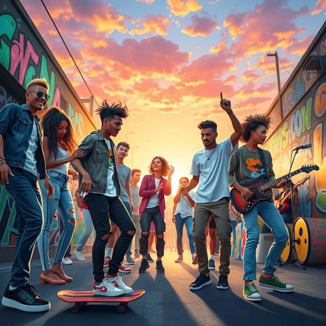 A vibrant and energetic scene depicting youth culture, featuring a diverse group of young adults in an urban environment