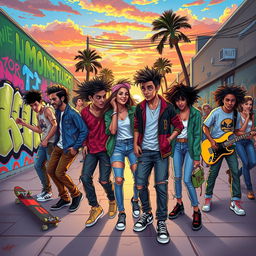 A vibrant and energetic scene depicting youth culture, featuring a diverse group of young adults in an urban environment