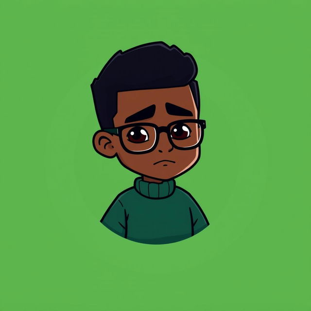 A cartoon logo design featuring a mini figure of a clean-shaven young black man in his early 20s, with short dark hair and wearing glasses