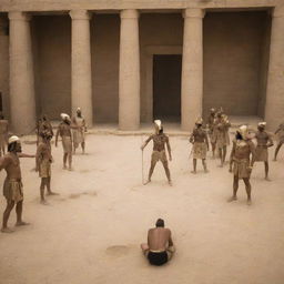 All around the vast courtyard, the tension rises as the Pharaoh's soldiers begin to exact punishment on the magician. An agonizing scene of torment unfolds, reflecting the Pharaoh’s furious retaliation.