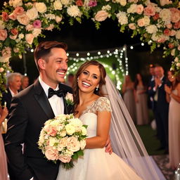 A joyful wedding scene featuring a happy couple embracing each other, surrounded by a beautiful garden decorated with flowers and fairy lights