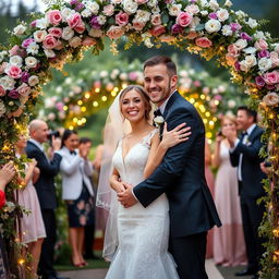 A joyful wedding scene featuring a happy couple embracing each other, surrounded by a beautiful garden decorated with flowers and fairy lights