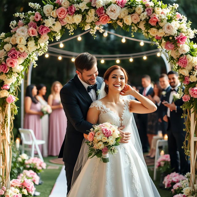 A joyful wedding scene featuring a happy couple embracing each other, surrounded by a beautiful garden decorated with flowers and fairy lights