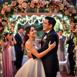 A joyful wedding scene featuring a happy couple embracing each other, surrounded by a beautiful garden decorated with flowers and fairy lights