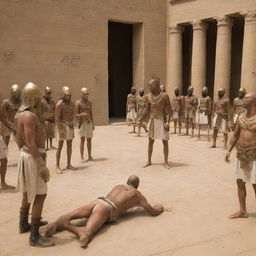 All around the vast courtyard, the tension rises as the Pharaoh's soldiers begin to exact punishment on the magician. An agonizing scene of torment unfolds, reflecting the Pharaoh’s furious retaliation.