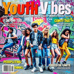 A vibrant and eye-catching magazine cover celebrating youth culture, featuring diverse young adults engaged in various activities like skateboarding, dancing, and art creation in a colorful urban environment