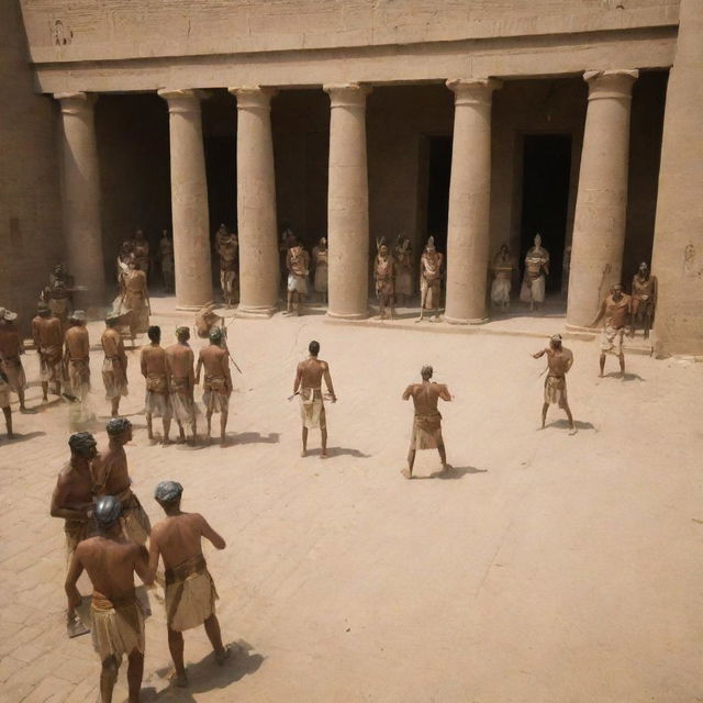 All around the vast courtyard, the tension rises as the Pharaoh's soldiers begin to exact punishment on the magician. An agonizing scene of torment unfolds, reflecting the Pharaoh’s furious retaliation.