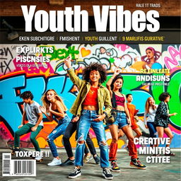 A vibrant and eye-catching magazine cover celebrating youth culture, featuring diverse young adults engaged in various activities like skateboarding, dancing, and art creation in a colorful urban environment