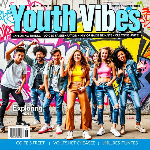 A vibrant and eye-catching magazine cover celebrating youth culture, featuring diverse young adults engaged in various activities like skateboarding, dancing, and art creation in a colorful urban environment