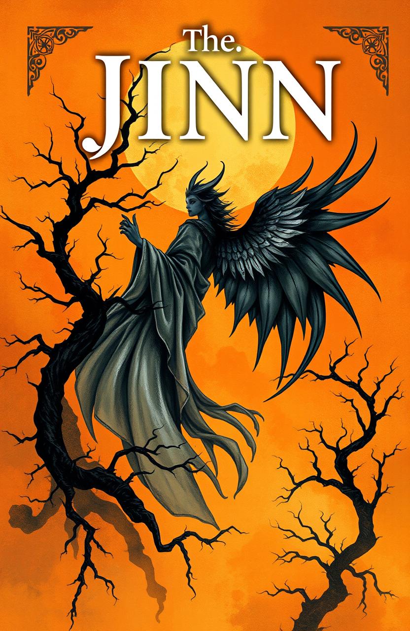 A mystical book cover featuring the theme of jinn, illustrated with warm colors dominating the background