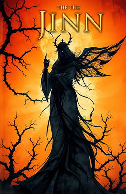 A mystical book cover featuring the theme of jinn, illustrated with warm colors dominating the background